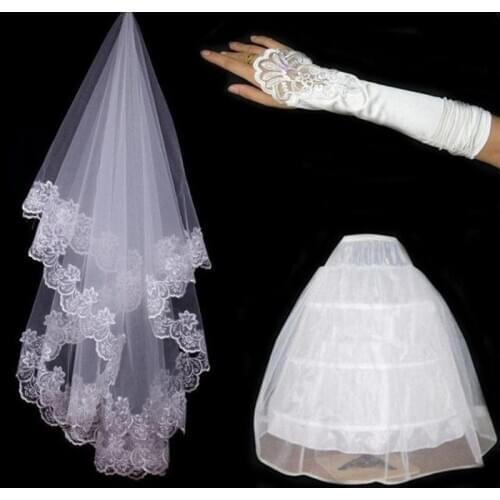 2021 New Bride Wedding Accessories White Lace Gloves 3 Rings White Petticoat And 1.5m Lace Edge White Veil High-end Three Sets