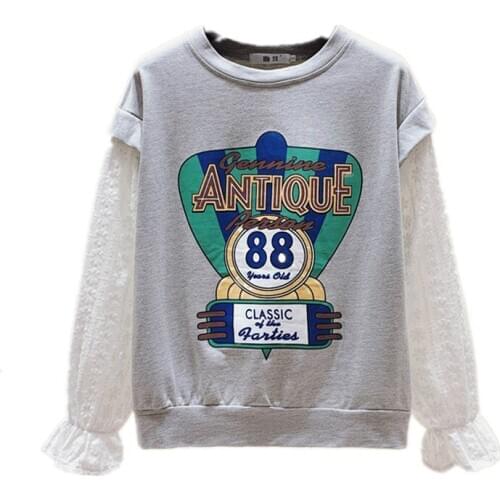 New Casual Sweatshirt Women Hoody Long Sleeve Fashion Stitching Crochet Loose Pullover Cartoon Fake Two Piece Ladies Tops