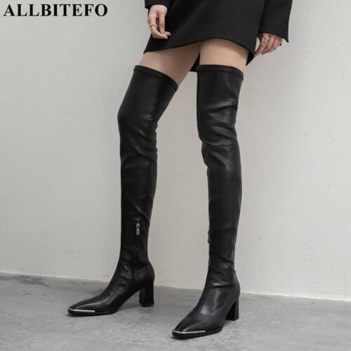 ALLBITEFO size 33-43 Metal toe thick heel women over the knee boots fashion sexy thigh high boots high heel shoes riding boots