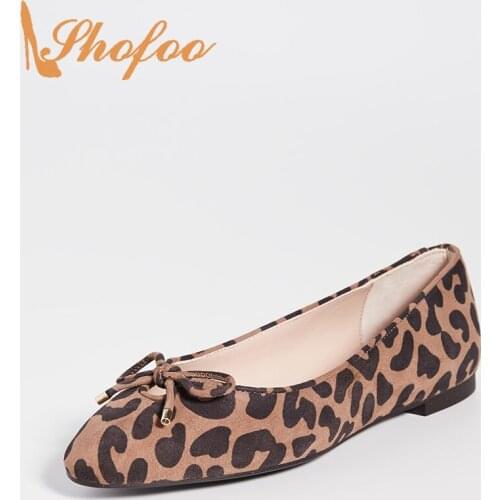 Shofoo Camel Leopard Butterfly-Knot Low Heels Flats Women Shoes Round Toe Ballet Large Size 14 16 fashion Ladies Footwear Casual