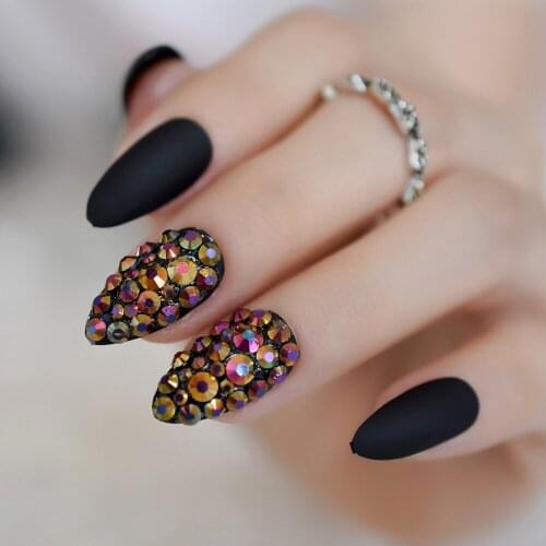 Medium Stiletto Full Cover Finger Nail Art Tips 3D Shining Rhinestone Fake Nail Pre-designed Matte False Nail Tips