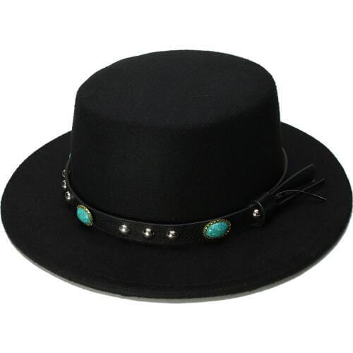 LUCKYLIANJI Women Men Vintage 100% Wool Wide Brim Cap Pork Pie Porkpie Bowler Hat Turquoise Leather Band (57cm/Adjusted)