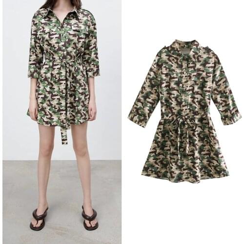 Women Vintage Camouflage Print Mini Dress Za Fashion 2021 Half Sleeve Sashes A-Line Casual Shirt Dresses Female Chic Vestidos