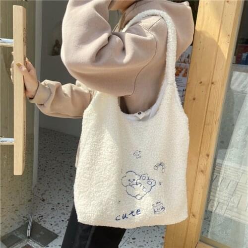 Women Lamb Wool Like Fabric Shoulder Bag Simple Canvas Handbag Tote Large Capacity Embroidery Shopping Diagonal Bags For Girls