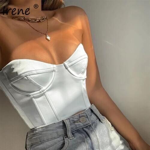 Irene White Off Shoulder Sexy Satin Crop Corset Tops Women Casual Summer Strapless Bustier Outfits Ladies Wrap Tube Tops
