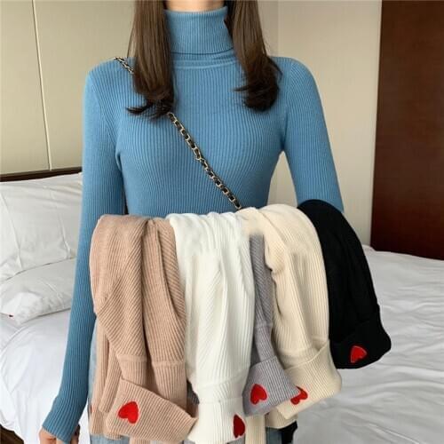 2020 Winter Turtleneck Sweater Women Knitted Ribbed Pullover Hiver Truien Dames Slim Jumper Soft Warm Pull Femme Tmbroidery Tops