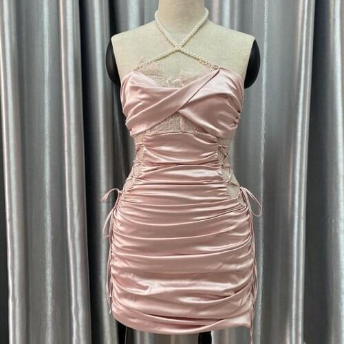 Women Satin Bandage Sexy Bodycon Dress Cutout Lace Club Party Backless Mini Ruched Halter Dress