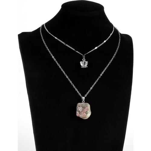 2020 Fashion BOHO 2 Layer Original Tourmaline Crown Pendant Choker Necklace Bohemia Natural Stone Long Chain Necklace For Women