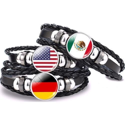 Flag Bracelet World Flags Jewelry USA America Flag Germany Mexico Canada France Britain Spain Brazil Black Leather Bracelet