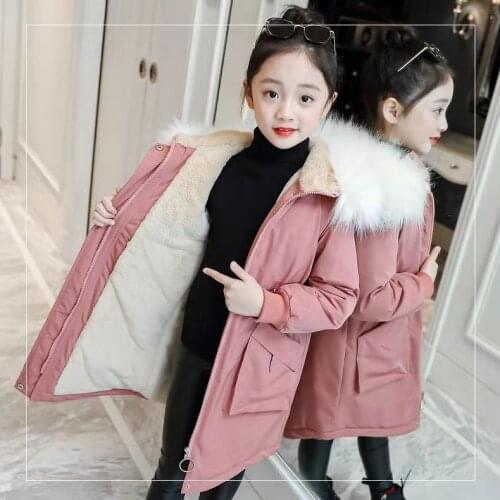 Children Winter Jacket Girl Warm Coats Plus Velvet Clothing Kids Thick Parka Big Fur Collar Hooded Long Coats Outerwear 4-14Y
