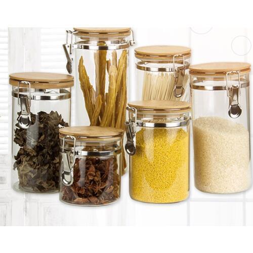 Stainless Steel Airtight Storage Jar with Clip Top Bamboo Lids Sealed Canister Food Storage Container for Kitchen Organizer