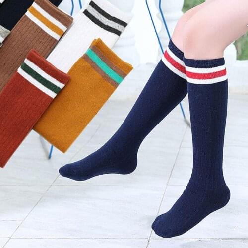 Baby Girls Knee High Socks Kids Toddler Double Needle Cotton Sport Socks for Children Girls Casual Fashion Stripes Long Socks