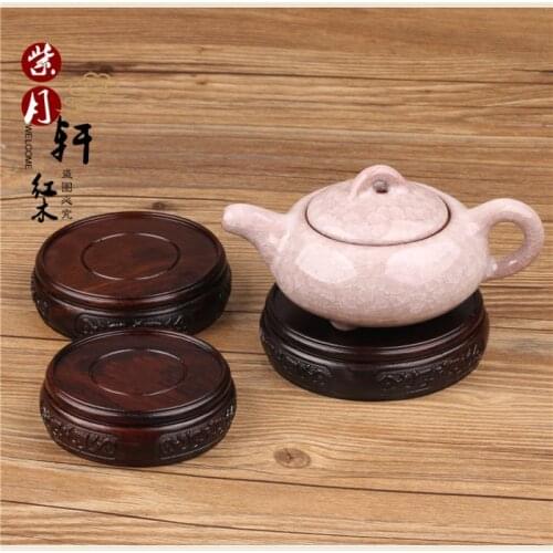 Craft flowerpot annatto teapot jade stone Buddha base vase furnishing articles solid wood round bottom tray