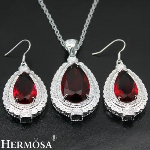 Hermosa Cherry Topazz Sweetie Drop Shape Silver Color Earrings Pendant Necklace for women NY818 Fashion Party Gift