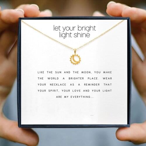 IcareU Bright Sun Glowing Night Moon Necklace Moon Jewelleri Shine Round Wish Card Black Gift Gold Chain Pendant Jewelri Box
