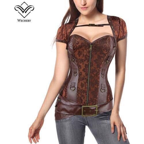 Wechery Leather Steampunk Corset Sexy Push Up Punk Corselet Lace Up Button Bustiers Korset Front Zipper Vest Waist Trainer Tops