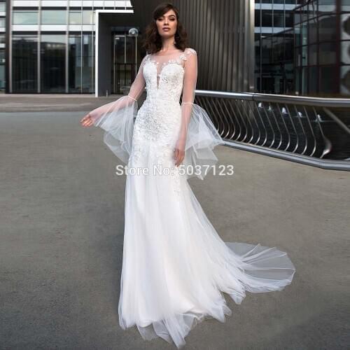 Lace Mermaid Wedding Dresses Scoop Long Sleeves Lace Appliques Open Back Bridal Gowns Sweep Train Vestido De Noiva