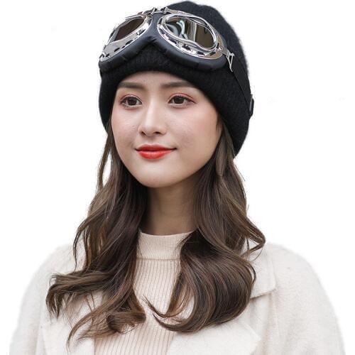 Men And Women Fund Angola Rabbits Hair Skiing Glasses Hat Pilot Knitting Hat Ins Wind Thickening Keep Warm Ma'am Winter Hat