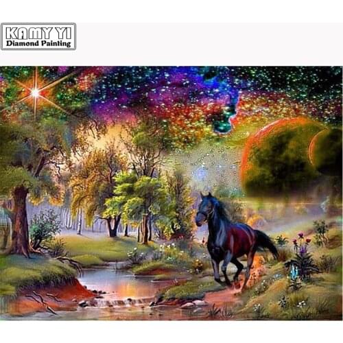 New 5D DIY Diamond Painting Black Horse Embroidery Full Square Diamond Cross Stitch Landscape Rhinestone Mosaic Painting Decor