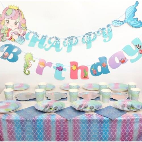 Disposable party decoration mermaid theme tableware wedding birthday children paper cups and saucers party supplies baby shower