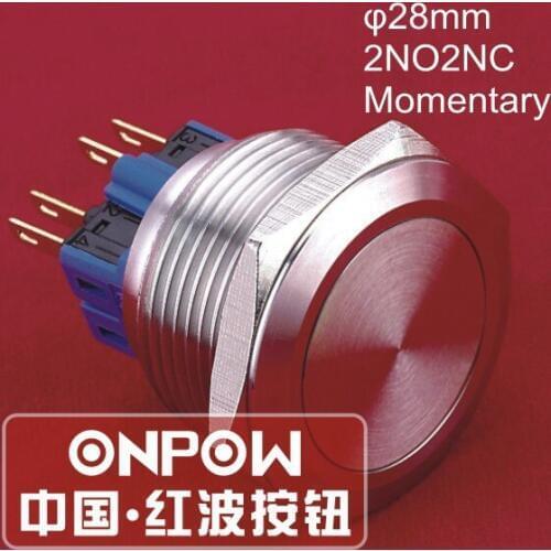 ONPOW 28mm 2NO2NC Momentary Stainless steel Stop start IP65 Waterproof Metal Push button switch (GQ28-22/S) CE, ROHS