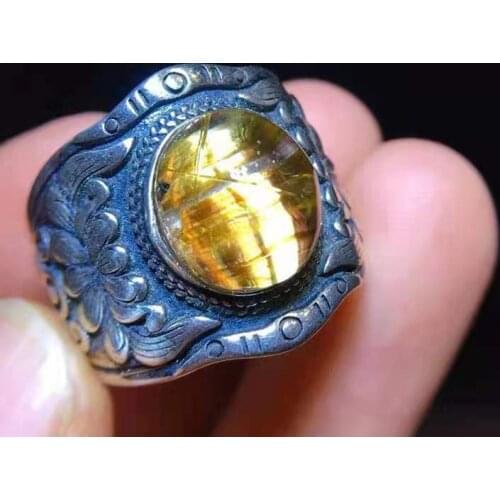 Wholesale Mans Ring Bague Homme Natural Rutile Black Tourmaline Peter S925 Sterling Silver Adjustable Size Fathers Day Gift