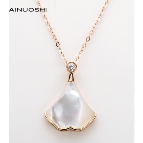 AINUOSHI 18K Rose Gold 0.046ct Real Diamond Mother-Of-Pearl Trendy Charm Skirt Pendant Necklace for Women Fine Jewelry 18