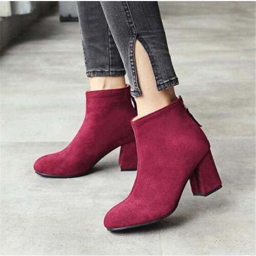 PXELENA Elegant Round Toe Flock Ankle Boots Female Square Chunky Block High Heels Short Boots Fashion Office Dress Shoes 34-43