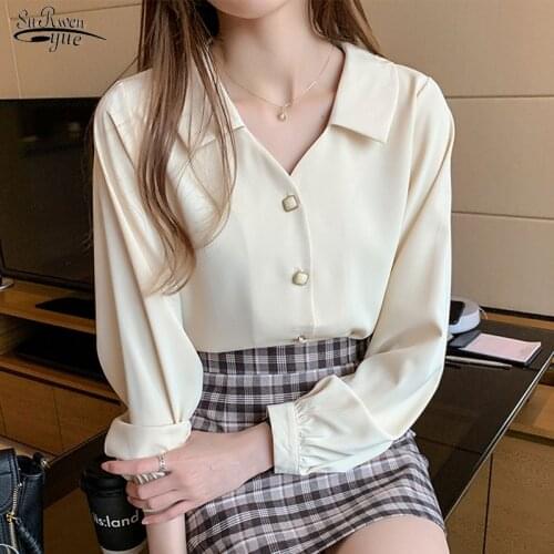 Spring Autumn Long Sleeve V-neck Chiffon Blouse Women White Tops and Blouses Super Fairy Office Lady Shirt Chemisier Femme 10685