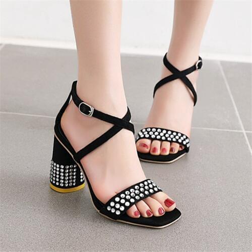 Women Shoes Sandals Summer Ankle Wrap Sandals High Heels Chunky High Heel Work Shoes Black Pink yellow Big Size 43