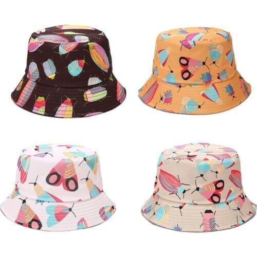 Unisex Colorful Cartoon Ladybird Insect Printed Bucket Hat Harajuku Wide Brim Sunscreen Outdoor Packable Cotton Panama Cap 28GD