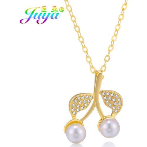 Juya Handmade Pearls Necklace Micro Pave Zircon Gold /Rose Gold Fruit Cherry Pendant Necklace For Women Christmas Gift