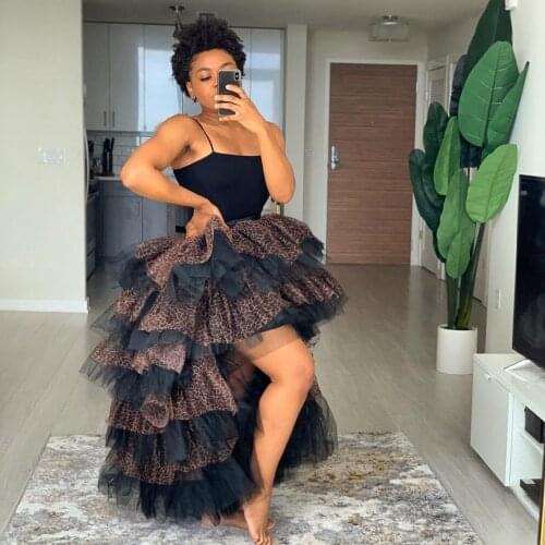 Fluffy Long Skirt Leopard Ruffle Women Maxi Skirt Female High Low Prom Party Skirt Black Tulle Elastic Waistband Floor Length