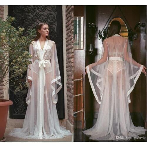 Long Women Lace Wedding Robes See Through Long Sleeve Lingerie Sleepwear Bridesmaid Nightgown Bathrobes Sexy Lingerie Nightwear