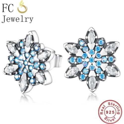 FC Jewelry 925 Sterling Silver Blue Zircon Snowfalke Stud Earrings For Women Brincos Prevent Allergy Without Piercing Pendientes