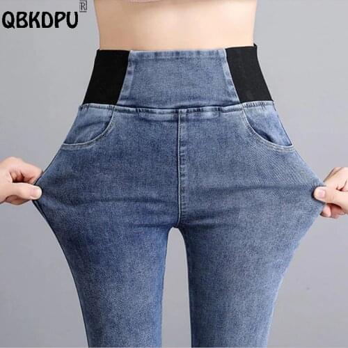 Classic Plus Size 38 Elastic Waist Skinny Mom Jeans Women Vintage Spring Slim Stretch Denim Pencil Pant Casual Leggings Trousers