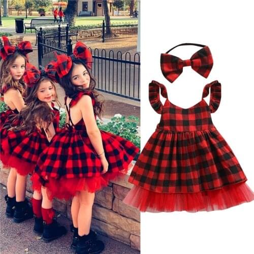 6M-4Y Children Girls Christmas Birthday Party Dress Plaid Ruffles Sleeve Backless Lace Tulle Gown for Kids Xmas Dresses Clothes