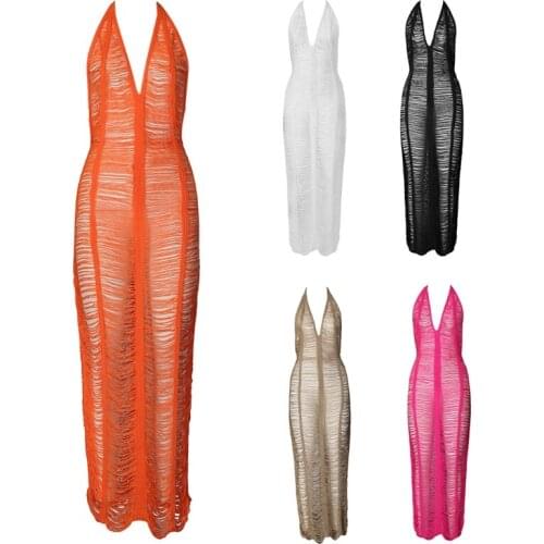 Women Sexy See Through Dress Halter Lace-up Deep V Neck Perspective Hollow Out