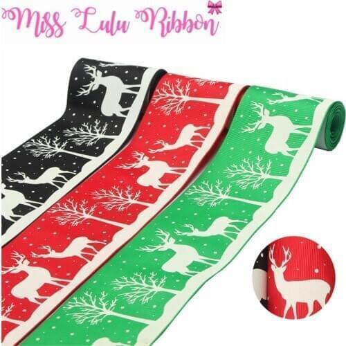 3"75mm White Ink Printing Glow in the Dark Cartoon Tree Printed Solid Color Grosgrain Ribbon DIY Christmas Decor 50yards/lot