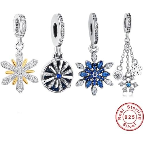 925 Sterling Silver Snowflake Dangle Charm Crystal Christmas Bead fit Original Charms Silver 925 Bracelet DIY Jewelry