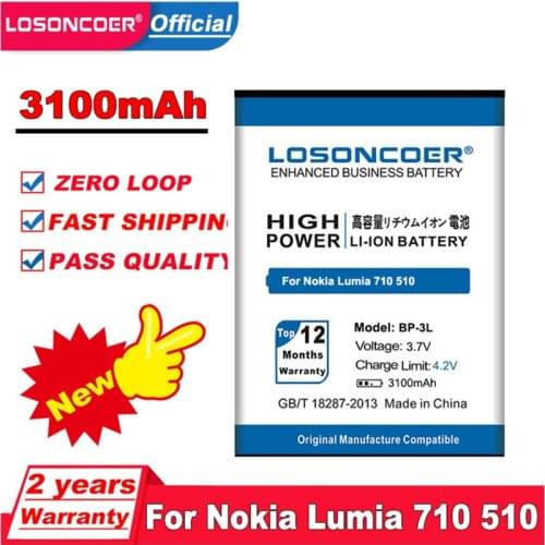 LOSONCOER 3100mAh BP-3L phone battery for Nokia Lumia 710 510 603 303 603 610 3030 505 610C 900 battery + tracking number