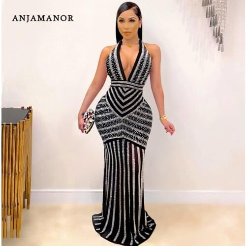 ANJAMANOR Sexy Deep V Backless Maxi Dresses for Women Party Club Outfits Glitter Rhinestone Black Bodycon Dress D42-FI38