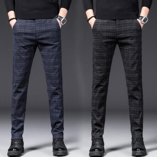 Big Size Winter Thick Black Plaid Gents Casual Pants Trousers For Mens Stretch Plus Size Check Grey Trousers Slim Fit Elasticity