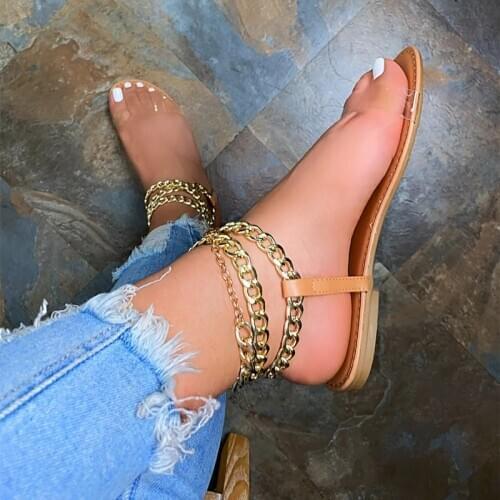 Summer Womens Flat Sandals Transparent Ladies Falt Shoes Gold Chain Women Casual Comfortable Shoe Fashion New Female Sandalias