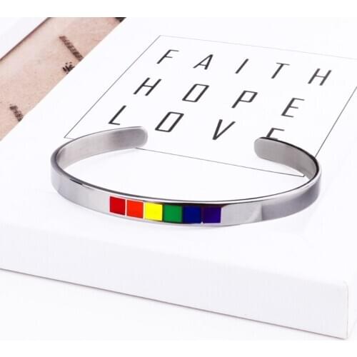 Rainbow Love Pride Bracelets Lesbian & Gay Stainless Steel Enamel Cuff Bangle
