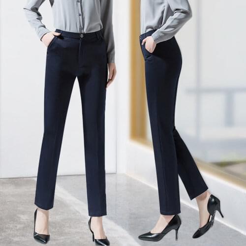 Black Suit Pants Woman High Waist Pants Sashes Pockets Office Ladies Pants Fashion Middle Aged Black Navy Blue Pants MOKIJINS