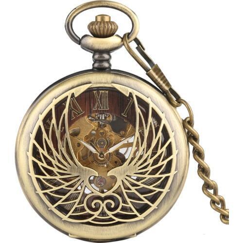 Antique Black/Bronze Hollow Phoenix Carving Mechanical Pocket Watch Roman Numeral Display Pin Chain Retro Clock Art Collectibles