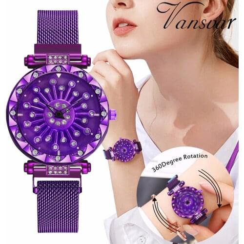 Women Magnet Buckle Rotating Diamond Dial Watch Luxury Ladies Stainless Steel Quartz Watch Clock Relogio Feminino