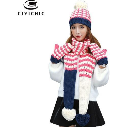 CIVICHIC Cute Warm Set Lady Knit Hat Scarf Glove 3 Pcs Plus Velvet Headwear Pompon Beanies Thick Mitten Chic Stripes Shawl SH186
