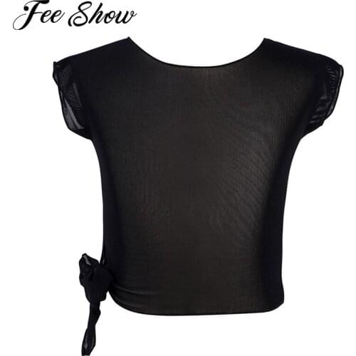 Kids Pure Color See-through Mesh Cover Up Tops Short Sleeves Dancing Tops Ballet Dance Gymnastics Training Sports Top T-shirts